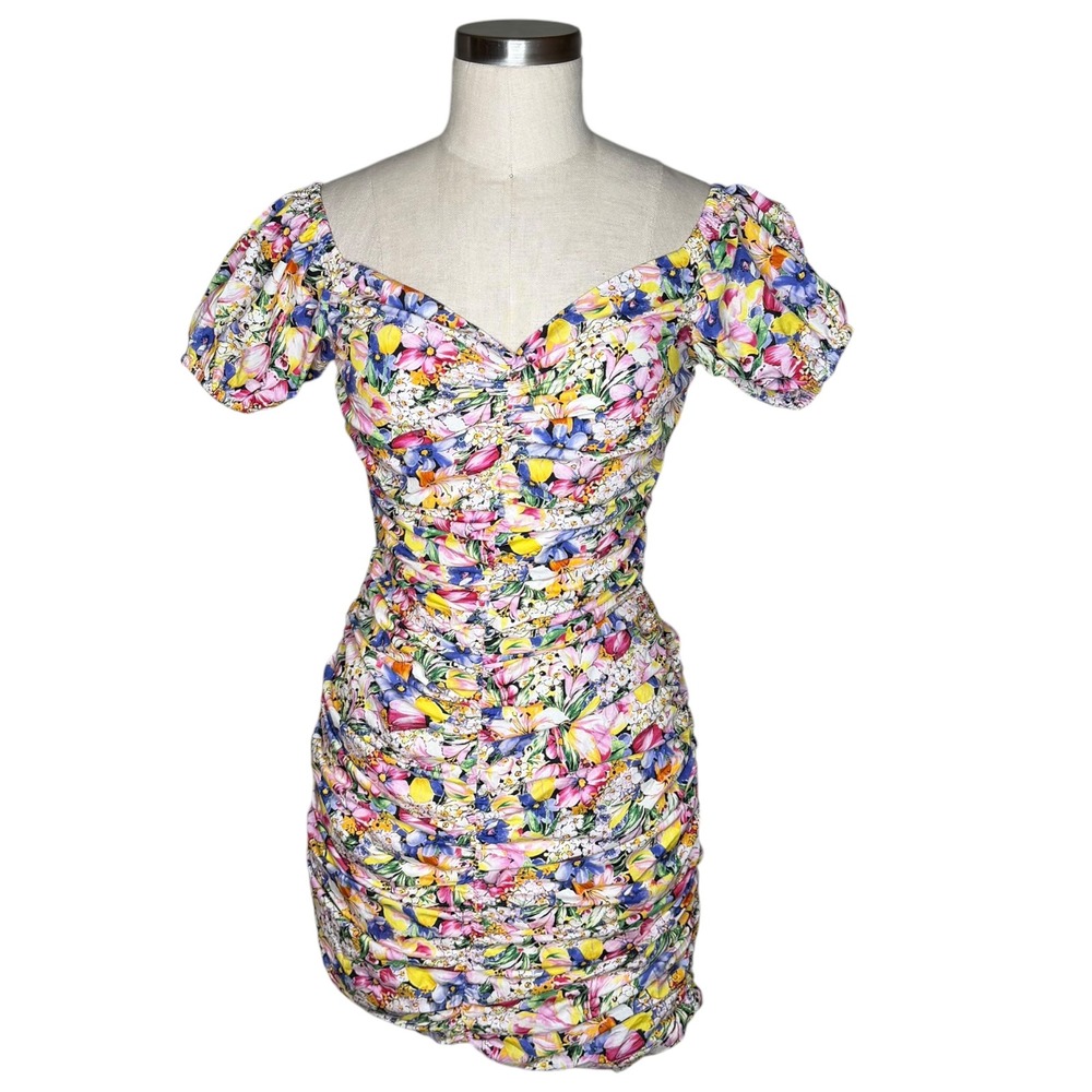 ZARA Ruched Mini Dress Multicolor Floral Ruched Puff Sleeve Women's Medium NEW